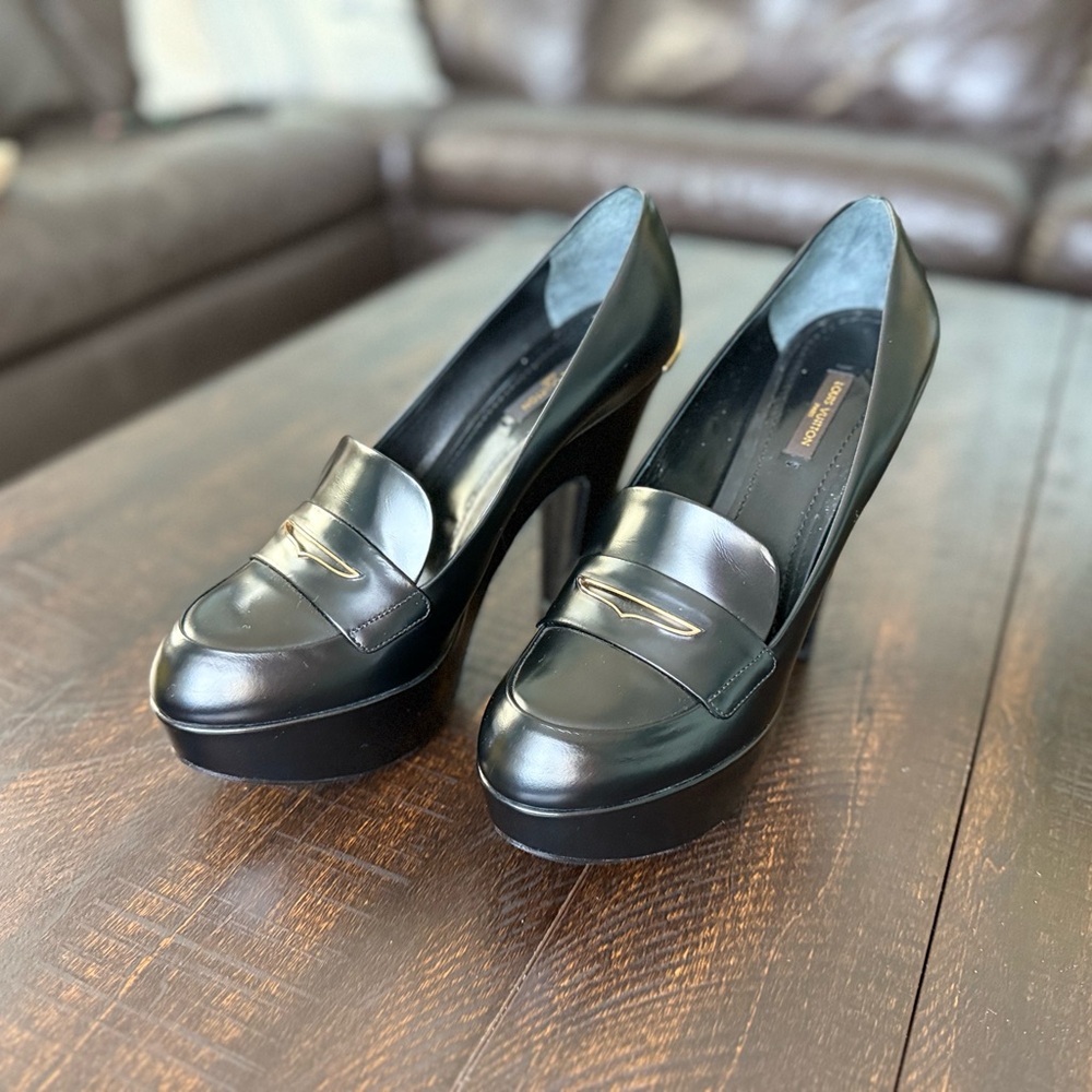 Louis Vuitton Black Leather Platform Loafer Heels 39.5 | Gold Accent | Designer